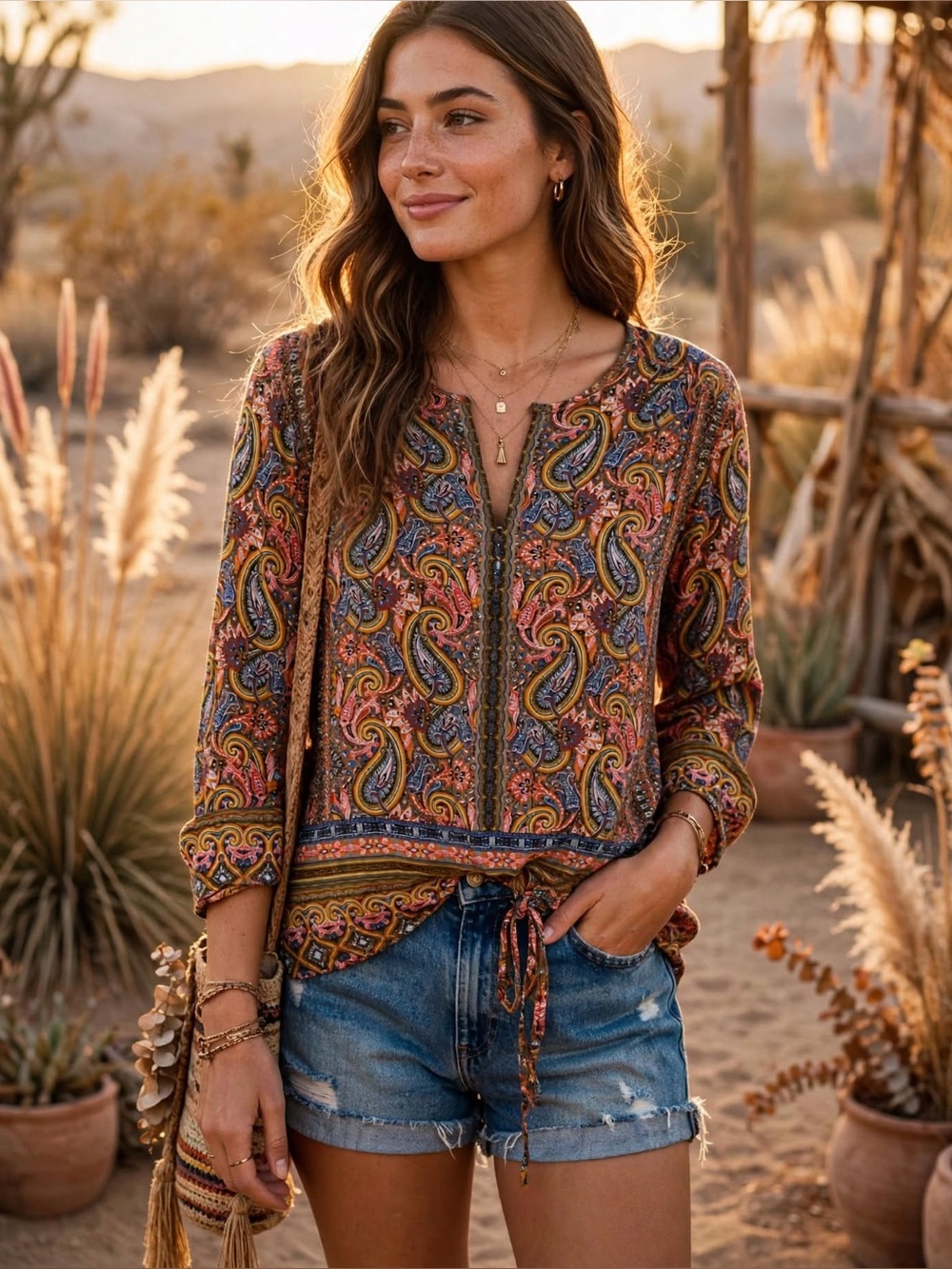 crosby. Paisley Boho Peasant Tunic Top Multicolor Long Sleeve L